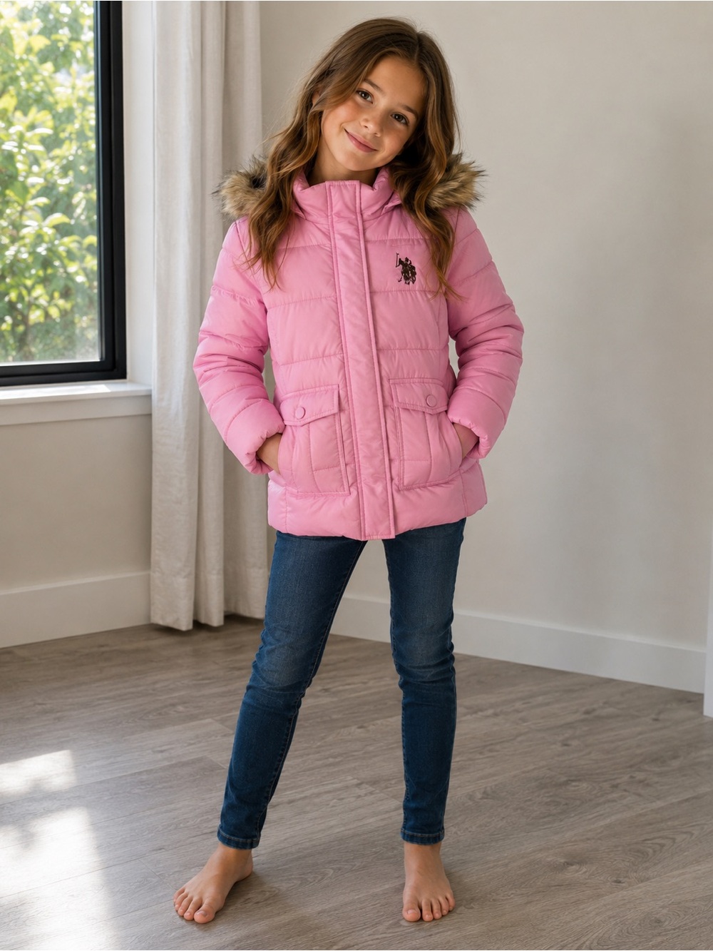 Vintage U.S. Polo Assn. Girls Pink Puffer Winter Jacket Hooded Coat Size 5/6